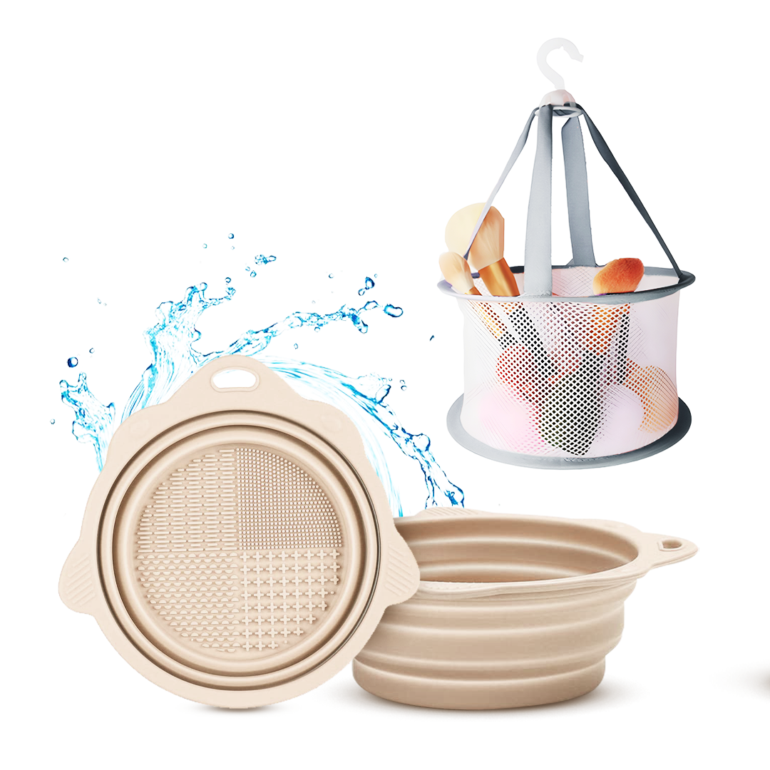 Foldable Silicone Makeup Brush Cleaner with folding drying net