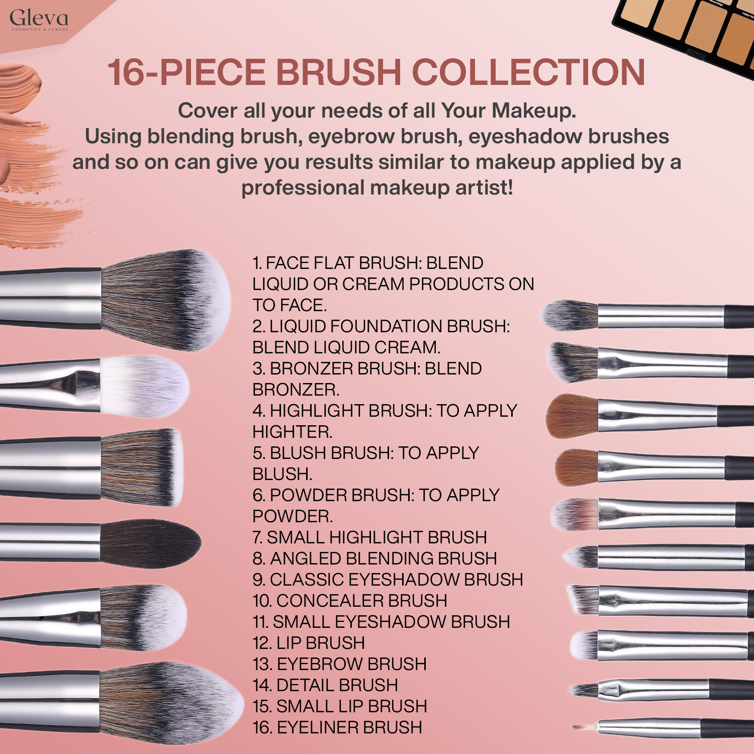 Synthetic Makeup Brush 16pcs Set with Kit (Black)