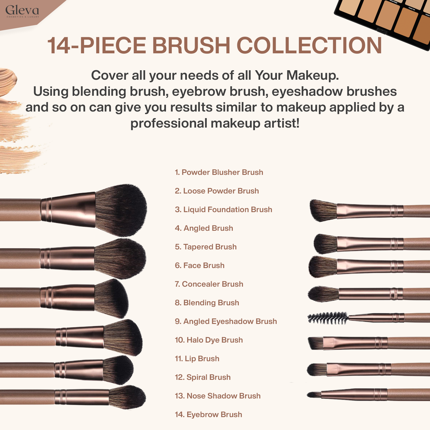 Synthetic Makeup 14 Pcs Brush Set (Coffee Brown)