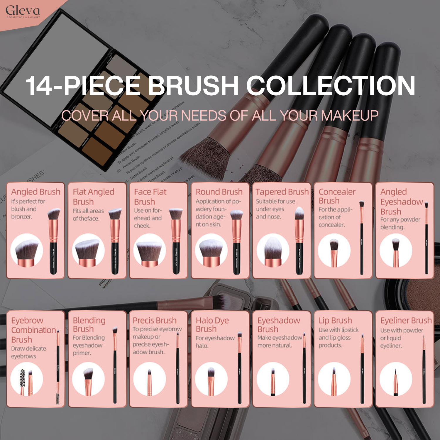 Synthetic Makeup Brushes 14 Pcs Set (Rose Gold)
