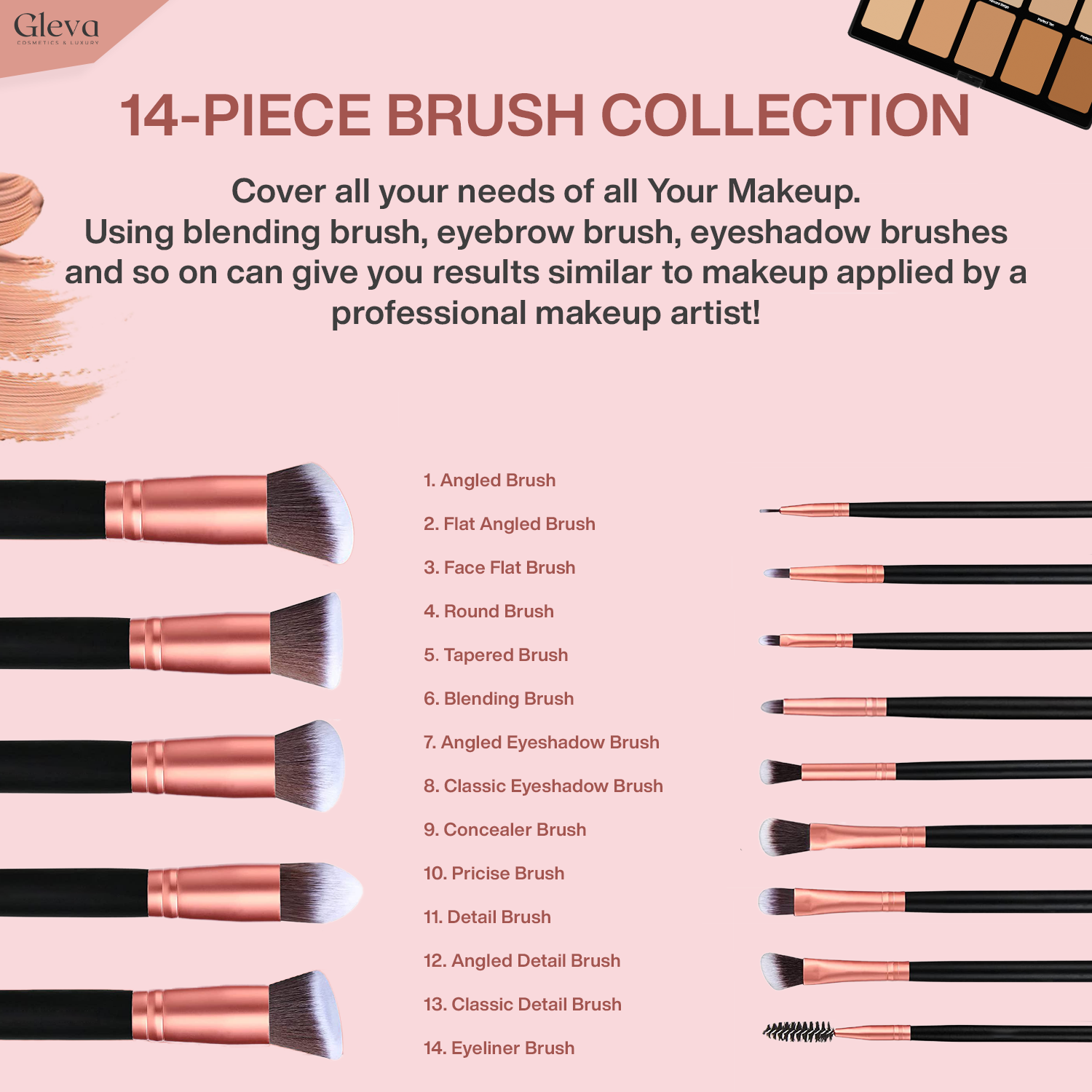 Synthetic Makeup Brushes 14 Pcs Set (Rose Gold)