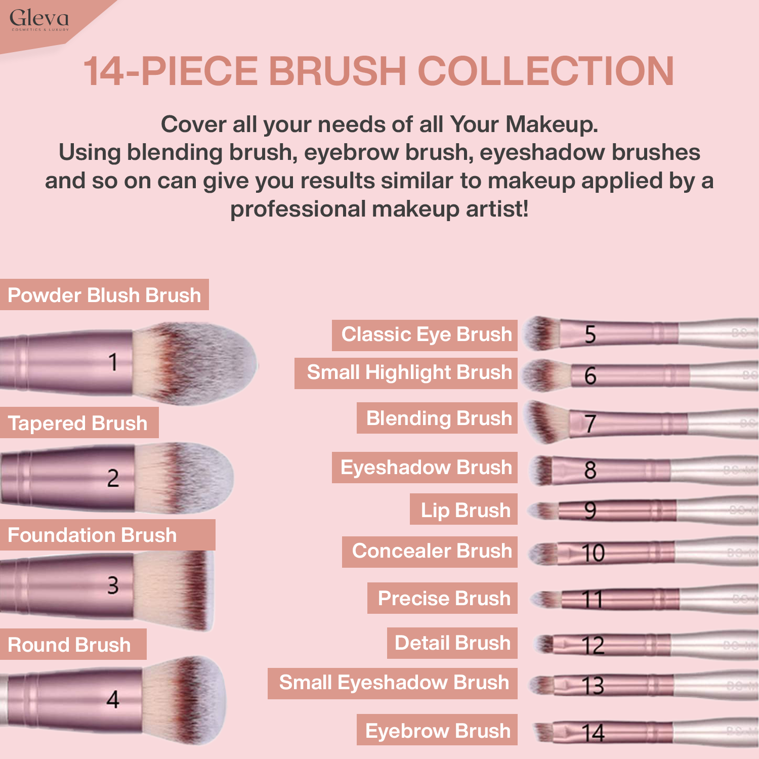 Synthetic Makeup Brushes Stand Up 14 Pcs Set (Rose)