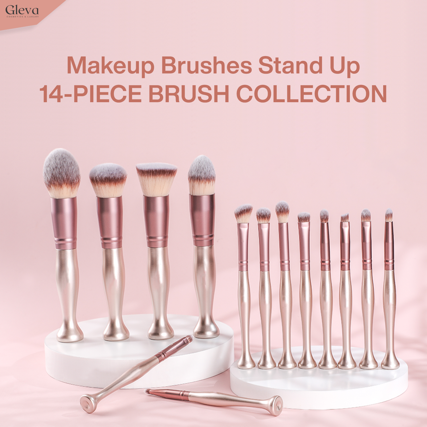 Synthetic Makeup Brushes Stand Up 14 Pcs Set (Rose)