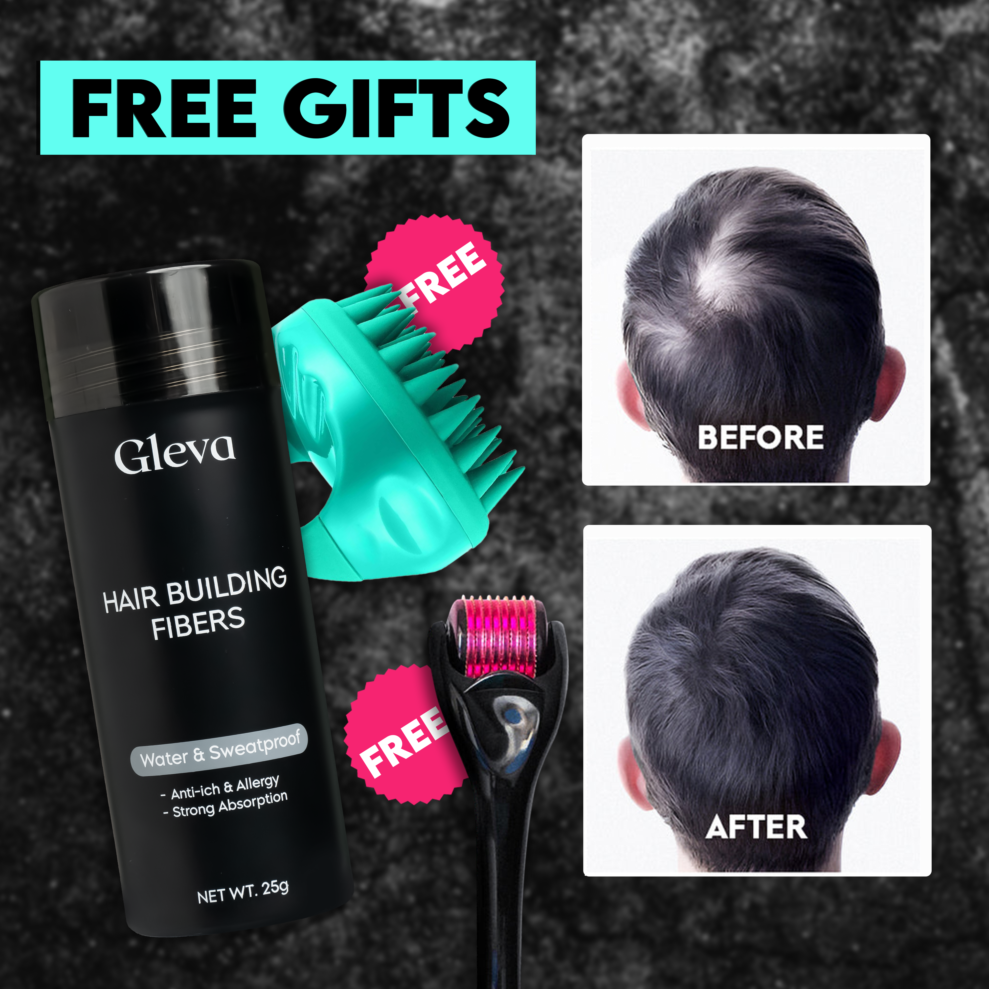Gleva Hair Building Fiber + (Free Scalp Massager +Derma Roller)