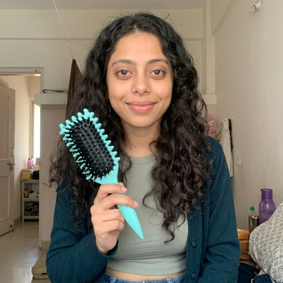 Smiling, holding the aqua curl brush beside her curls