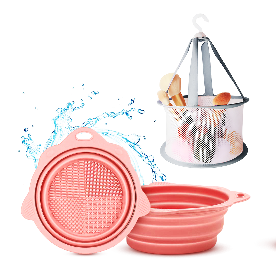 Foldable Silicone Makeup Brush Cleaner with folding drying net