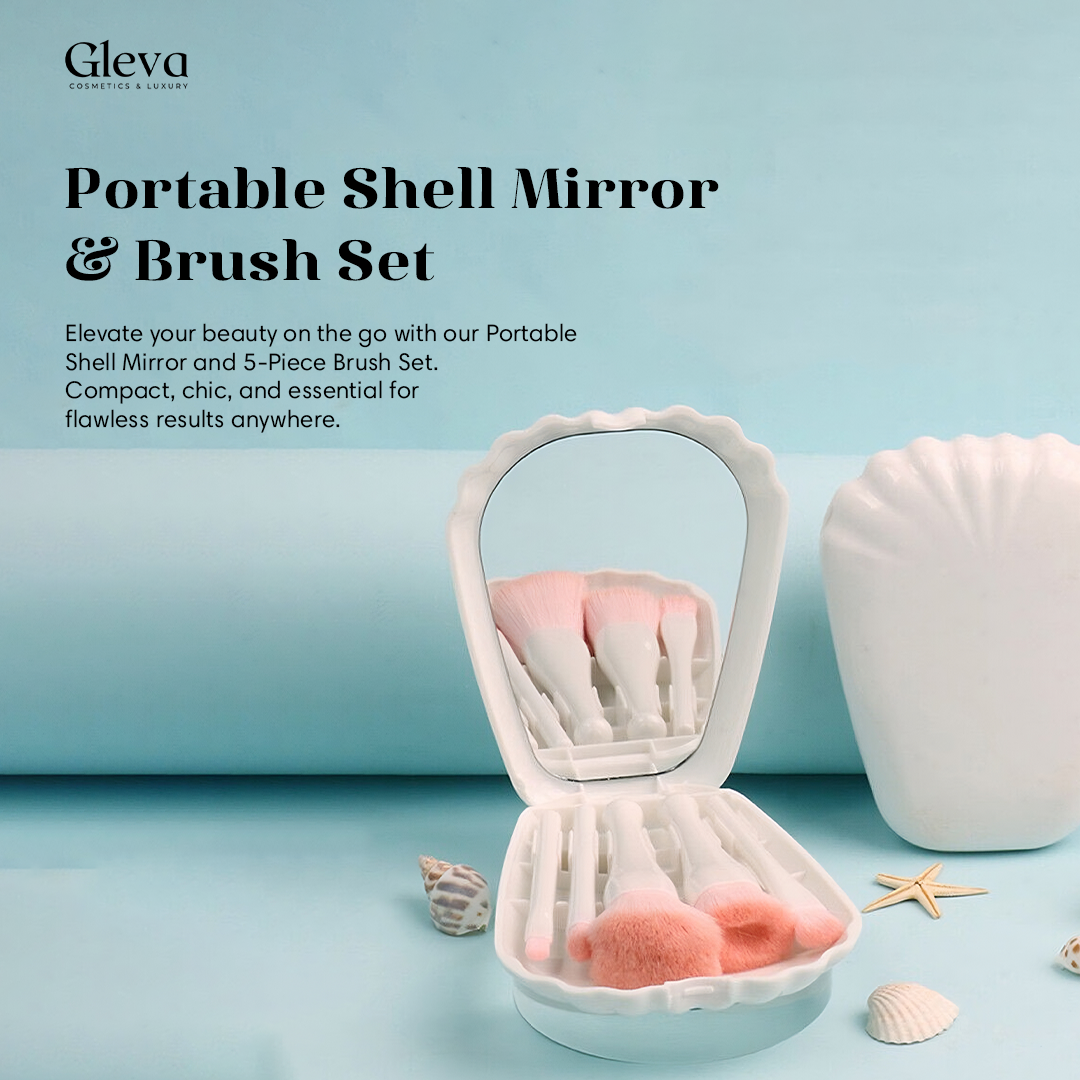 5 Pieces Portable Shell Mirror and Brush Set