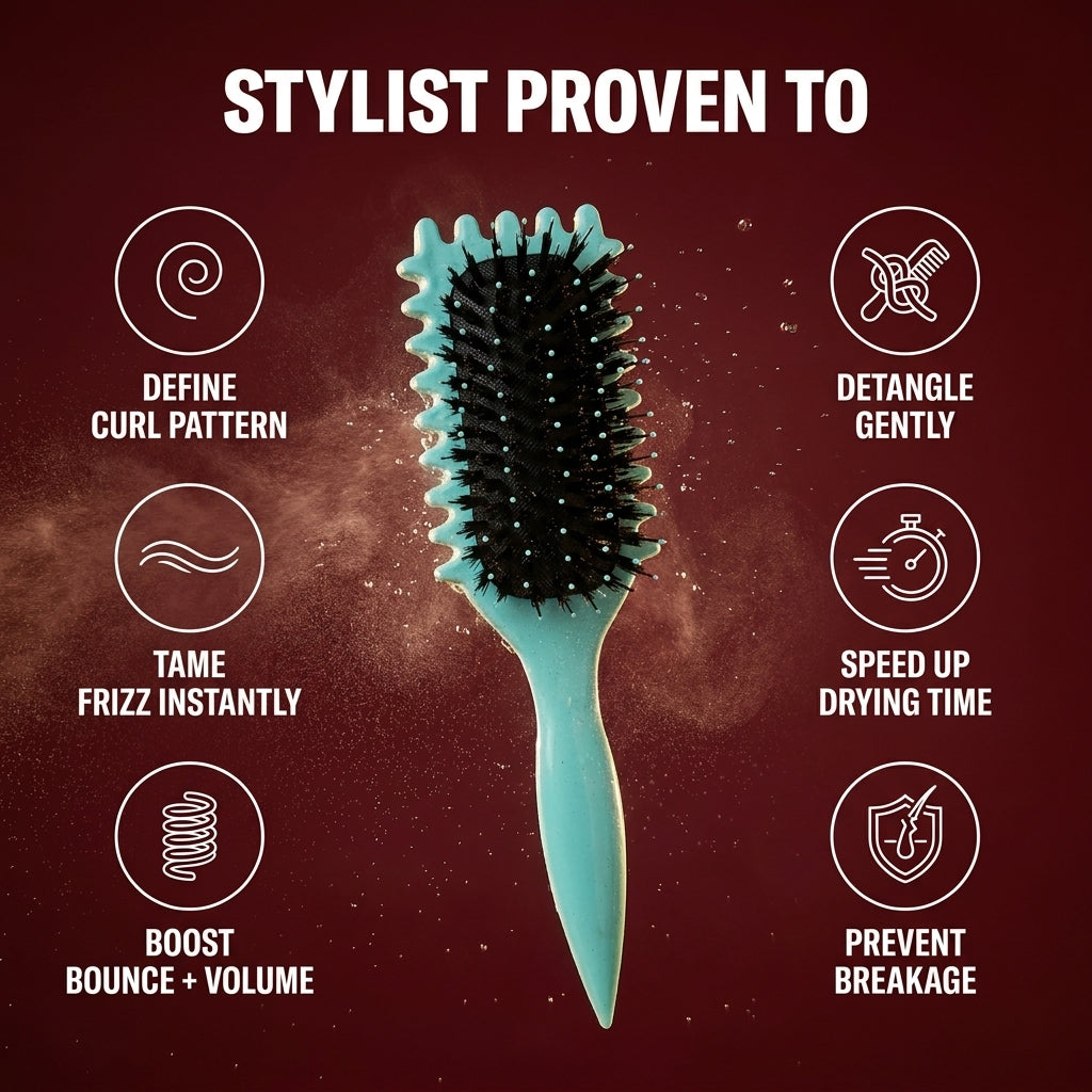 The Curl Defining Hair Brush with six uses listed around it