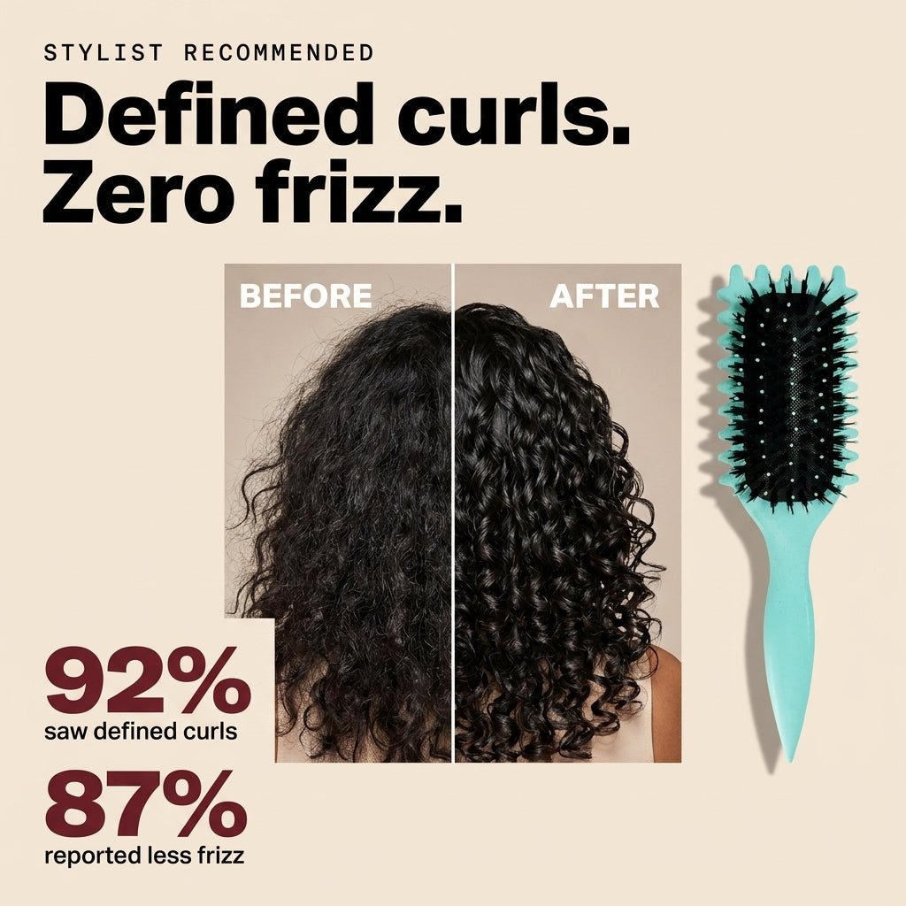 Curly hair before and after, beside the Curl Defining Hair Brush