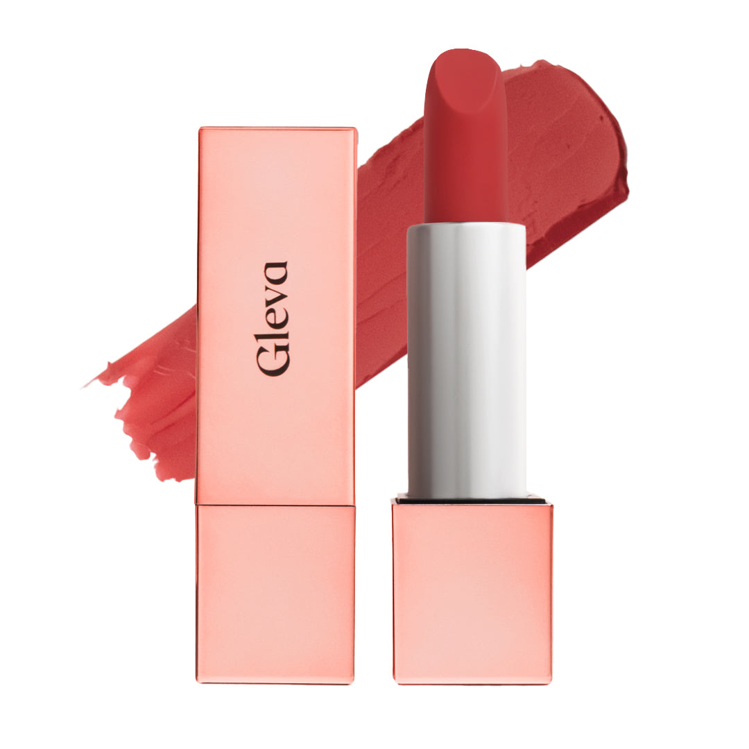 Creamy Matte Lipstick in Classic Red, open bullet beside its case with a swatch