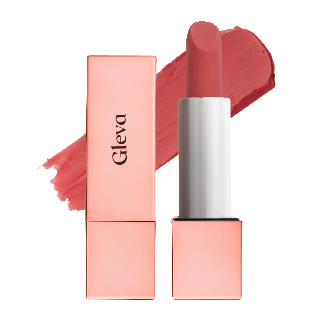 Creamy Matte Lipstick in Brick Rose, open bullet beside its case with a swatch