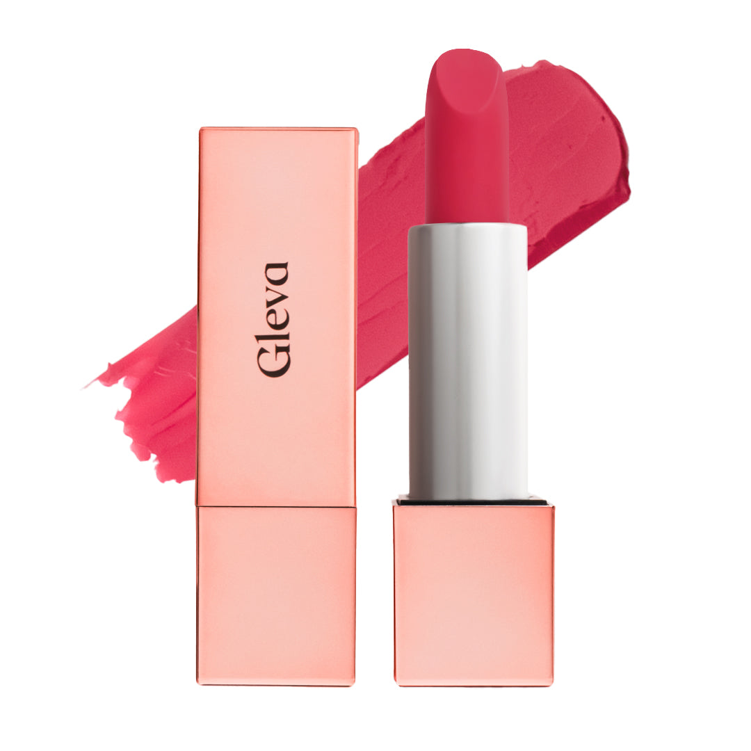 Creamy Matte Lipstick in Raspberry Pink, open bullet beside its case with a swatch