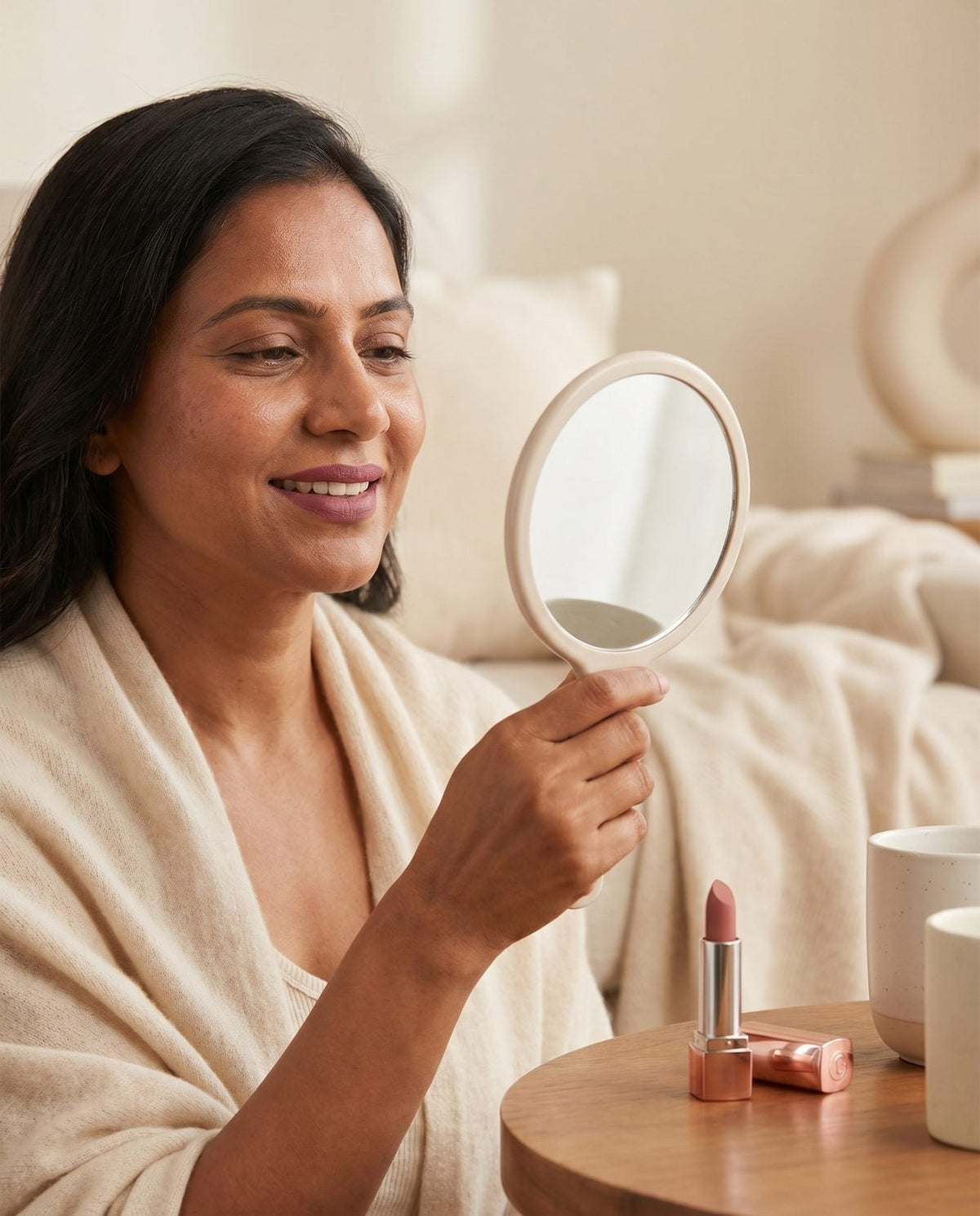 Woman in a cream robe checking her lipstick in a hand mirror