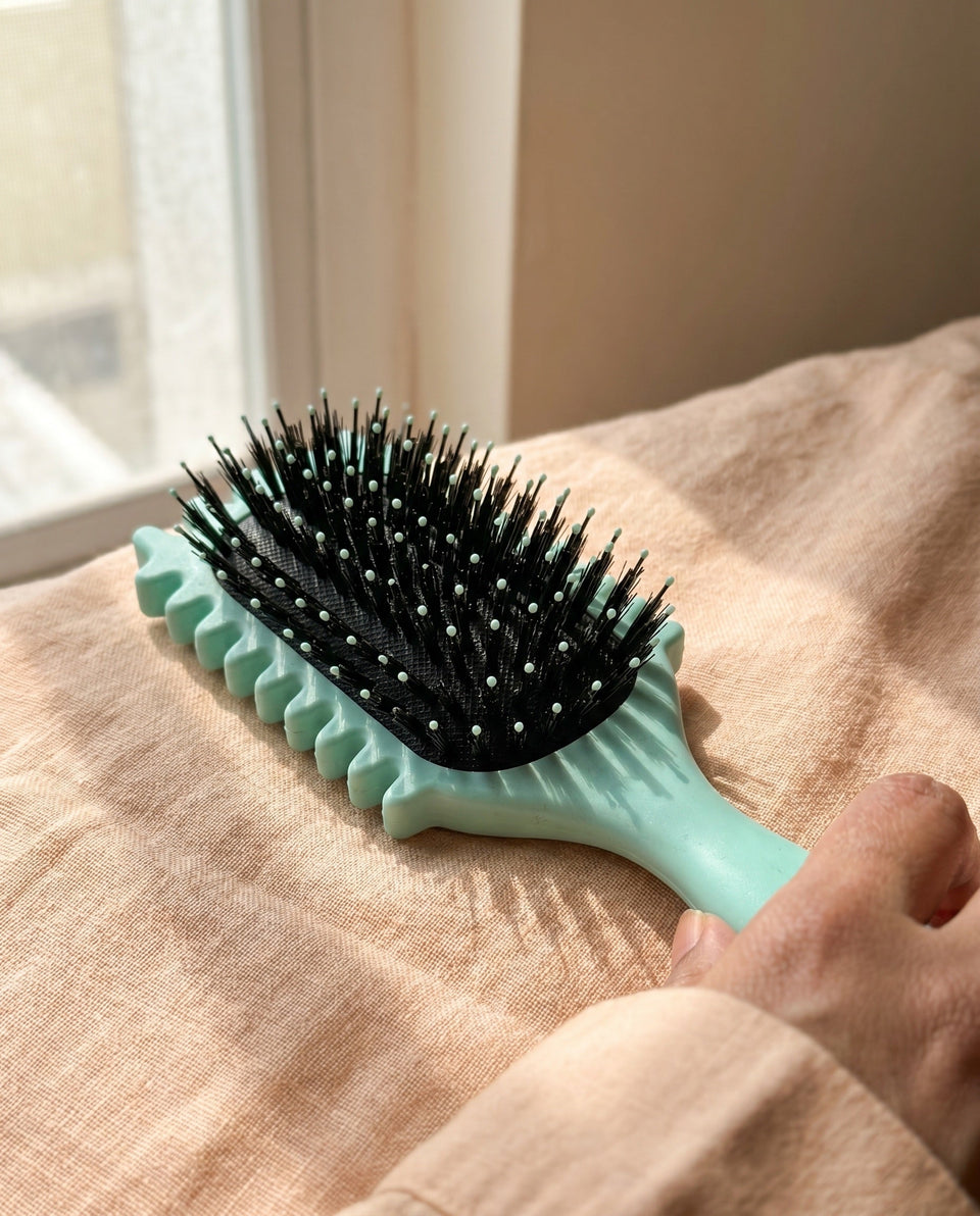 Curl Defining Hair Brush on a linen throw by a window