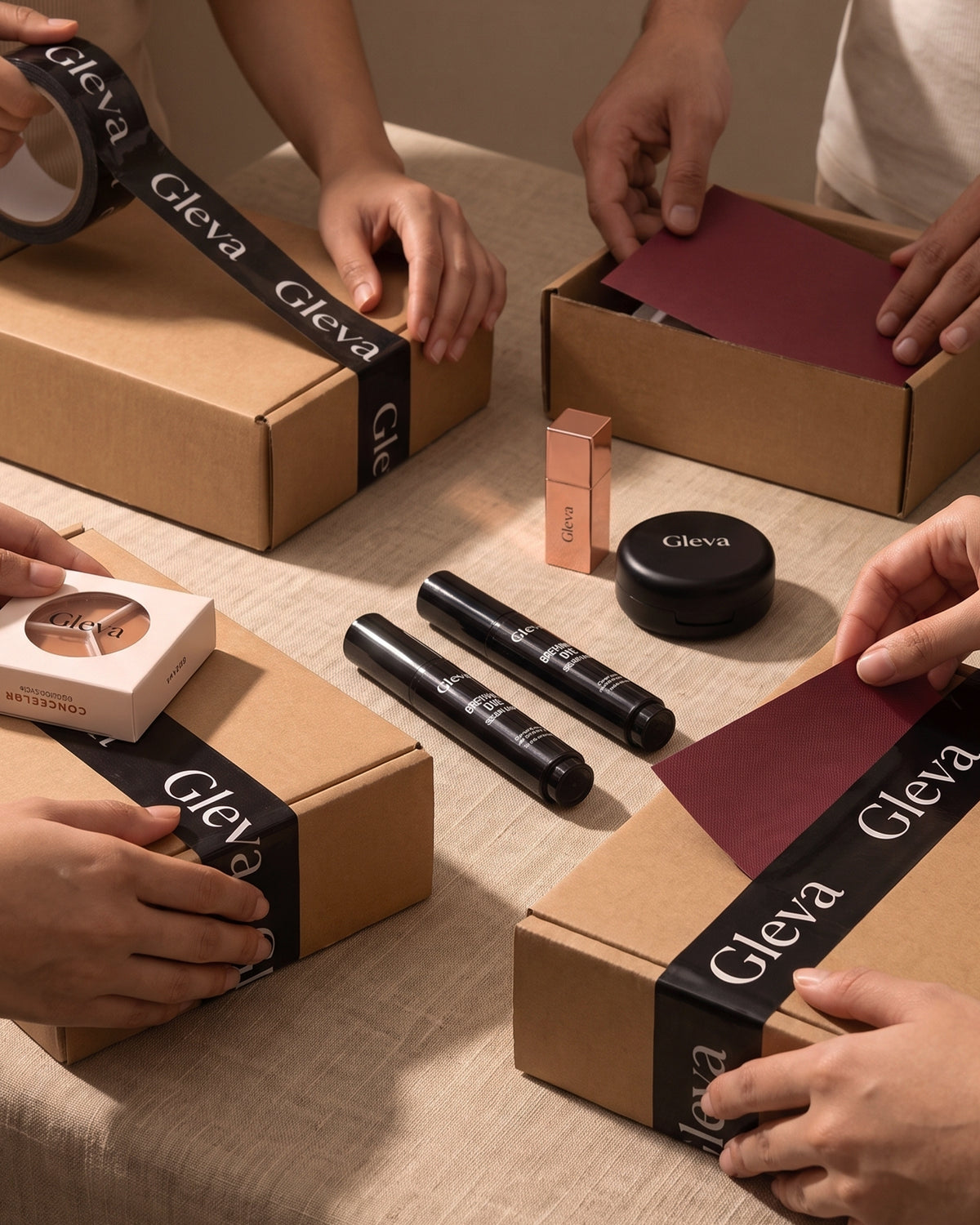 Hands packing Gleva orders into branded boxes