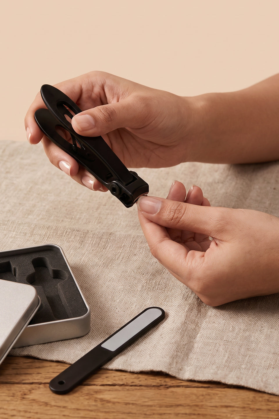 Hands trimming a fingernail with the black wide-jaw clipper, its open tin and nail file on linen