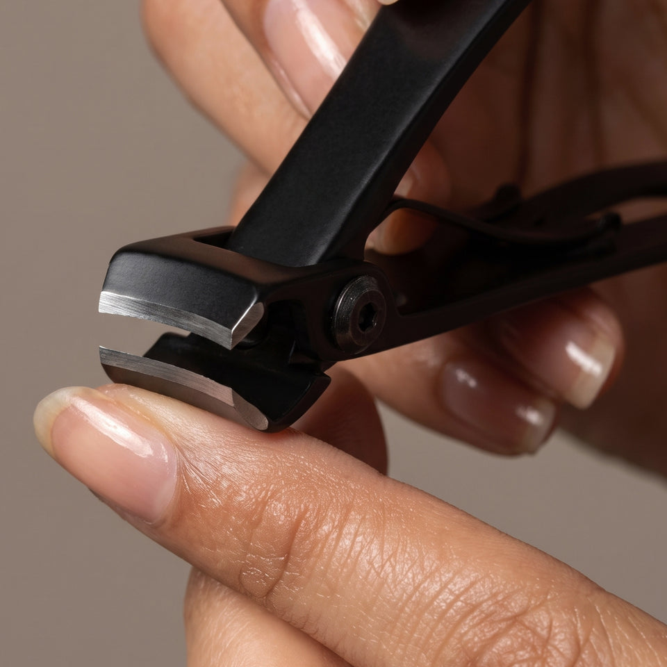 Fingers trimming a nail with the black wide-jaw nail clipper