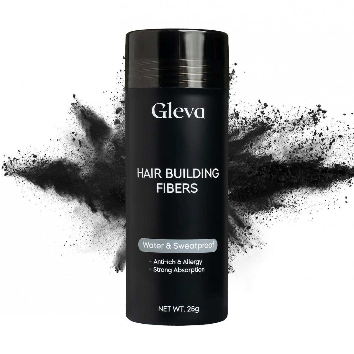 The Black Hair Building Fibers bottle with black fibers scattered behind it