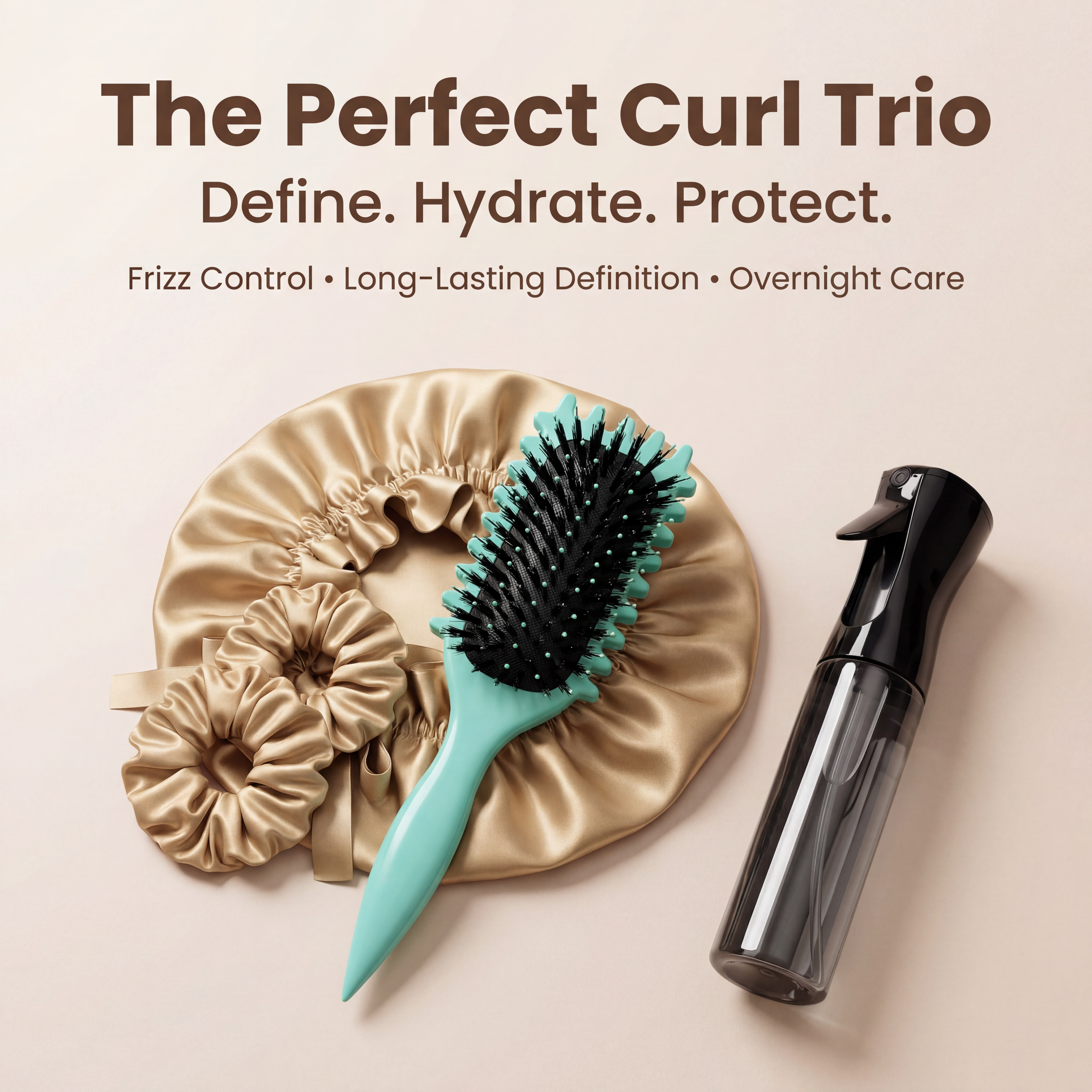 Curl Defining Hair Brush on a champagne satin Night Wrap, beside the black Mist Water Spray