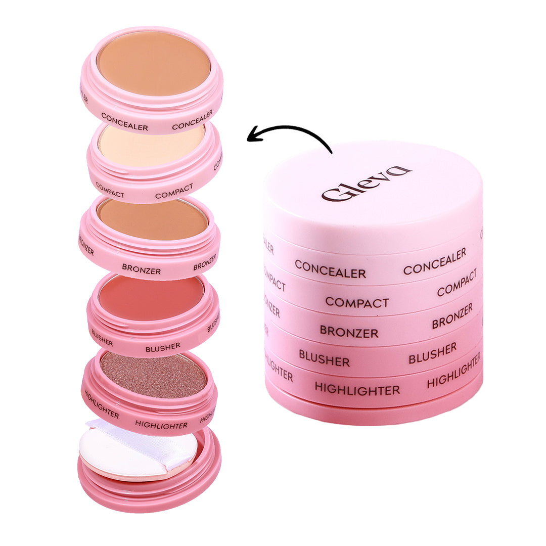 The Makeup Stack taken apart layer by layer, beside the closed stack