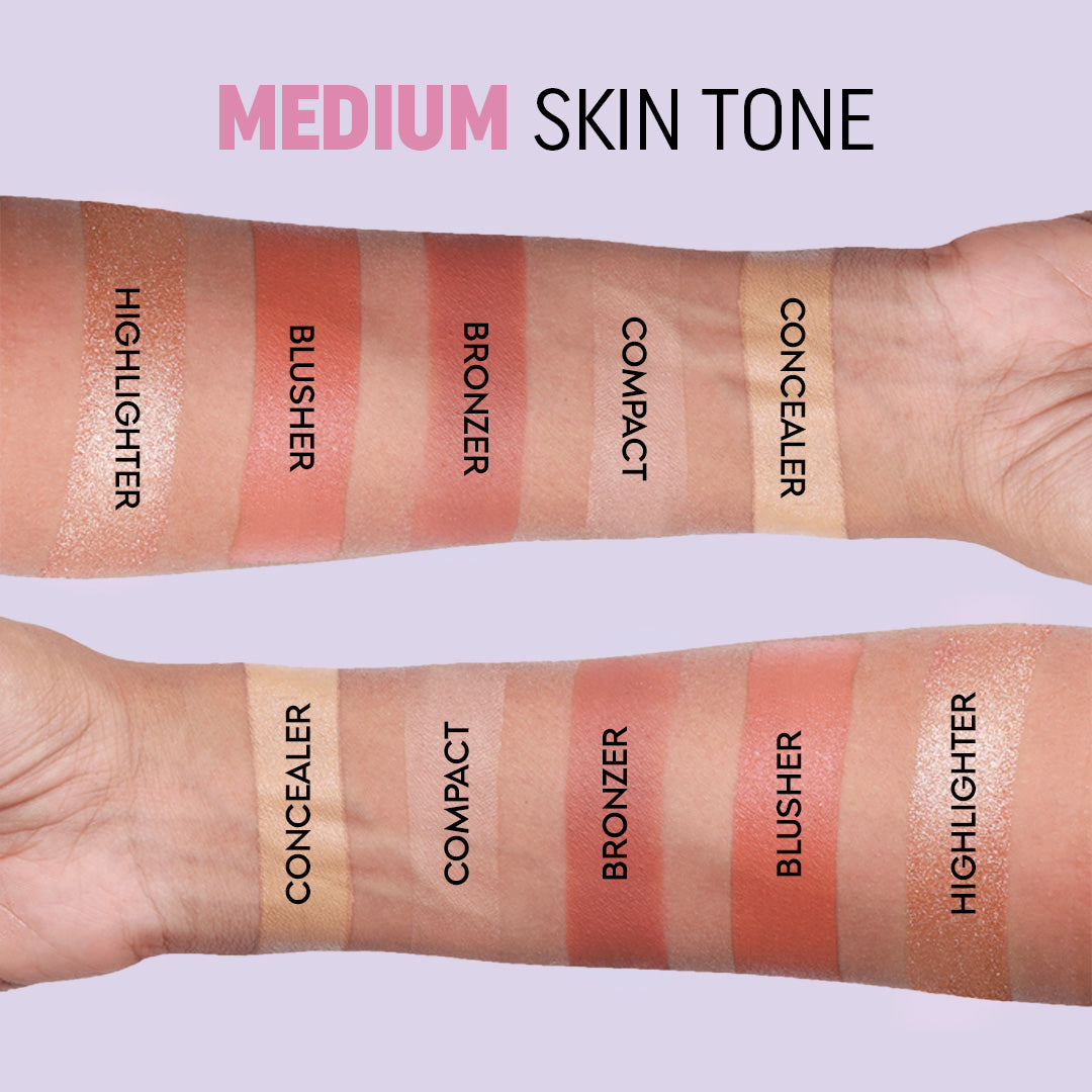 Medium tone: highlighter, blusher, bronzer, compact and concealer swatched in labelled stripes on two forearms