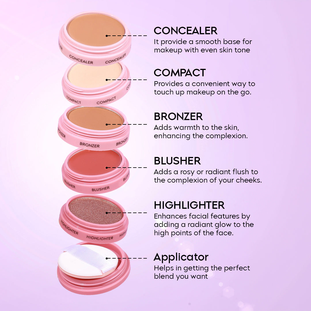5-in-1 Makeup Stack- Concealer, Compact, Bronzer, Blusher, Highlighter
